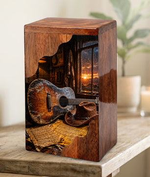 Music Wooden Cremation Urn – Guitar Memorial Urn | Rustic Wooden Urn for Human Ashes