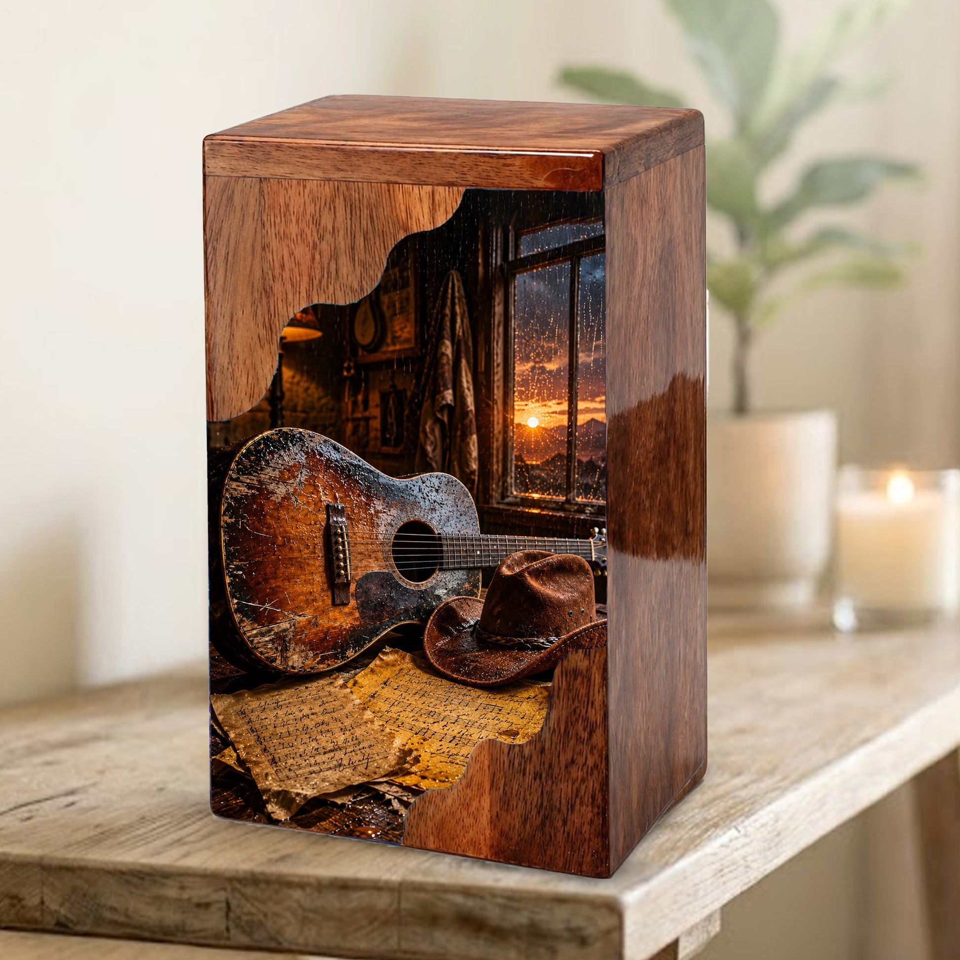 Music Wooden Cremation Urn – Guitar Memorial Urn | Rustic Wooden Urn for Human Ashes
