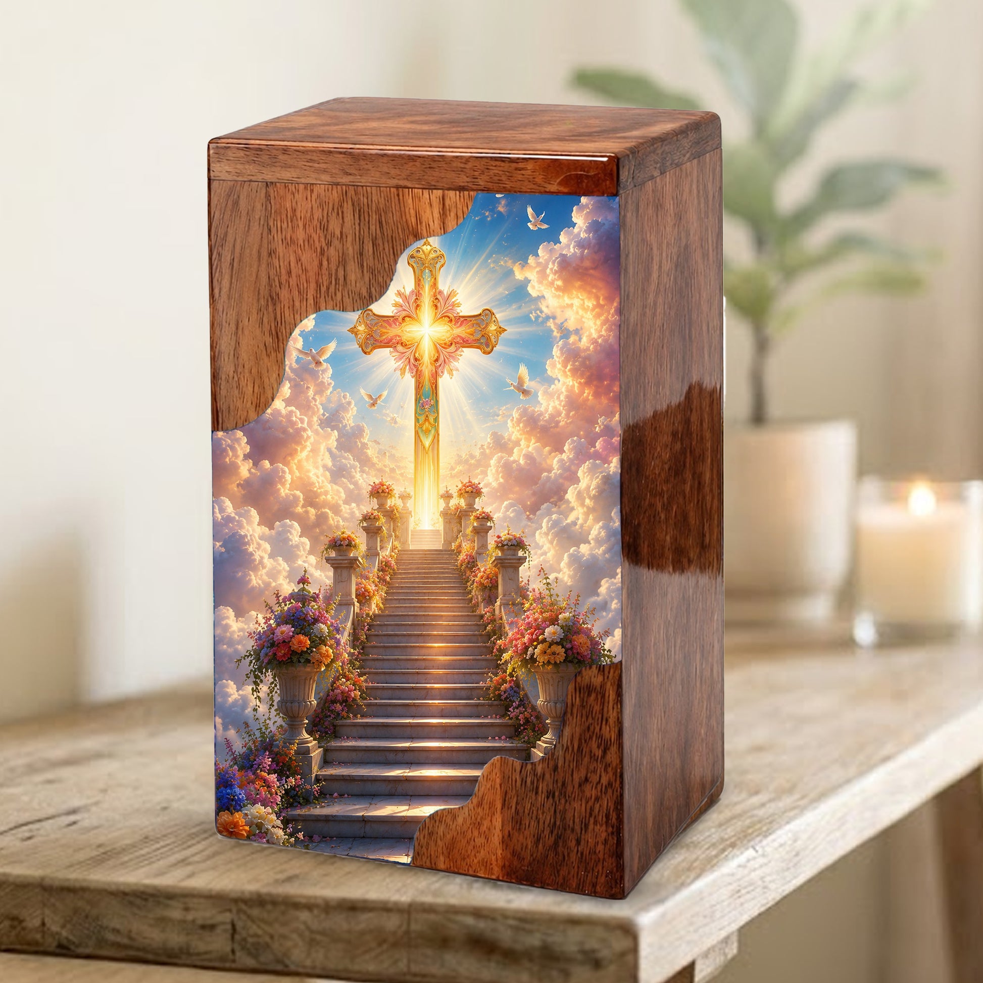 Christian Cross Wooden Cremation Urn – Wooden Urn for Human Ashes