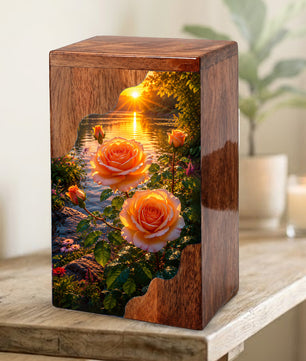 Rose Wooden Cremation Urn – Sunset Floral Memorial Urn for Human Ashes