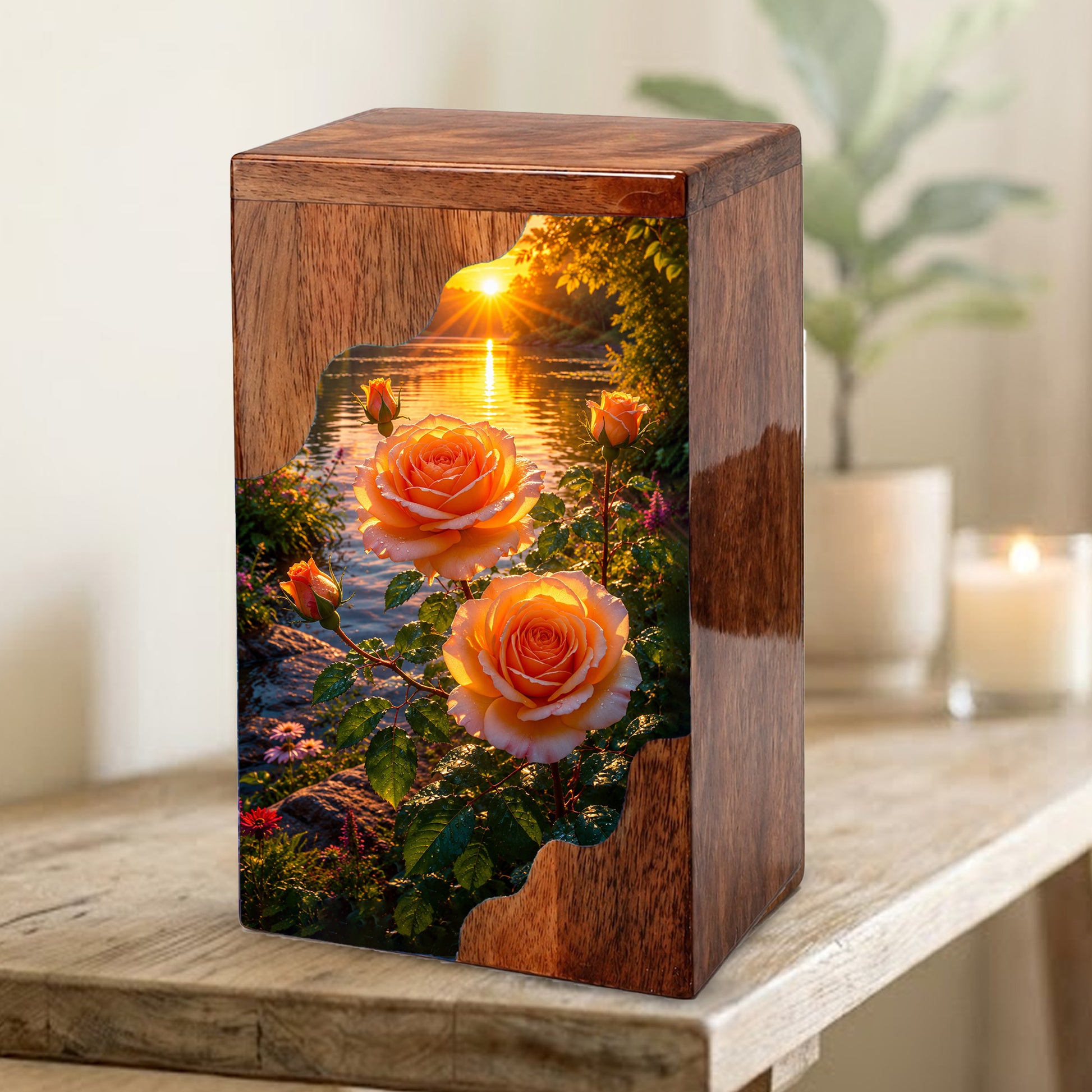 Rose Wooden Cremation Urn – Sunset Floral Memorial Urn for Human Ashes