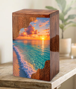 Sunset Beach Wooden Cremation Urn – Personalized Memorial Urn for Human Ashes |