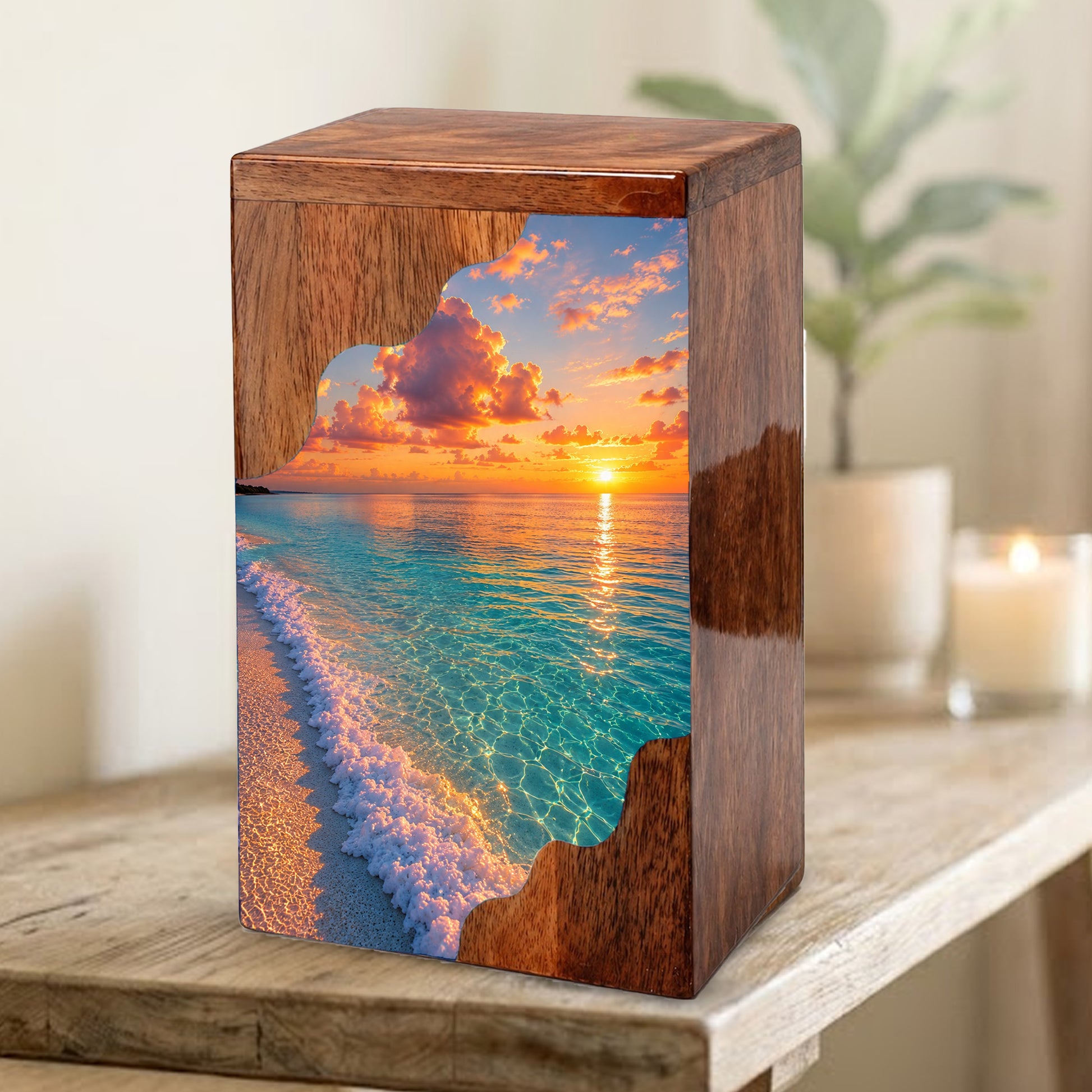 Sunset Beach Wooden Cremation Urn – Personalized Memorial Urn for Human Ashes |