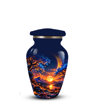Celestial Moon Cremation Urn for Adult Ashes,  Glowing Crescent Moon, Sunset Mountains and Starry Lake Artwork