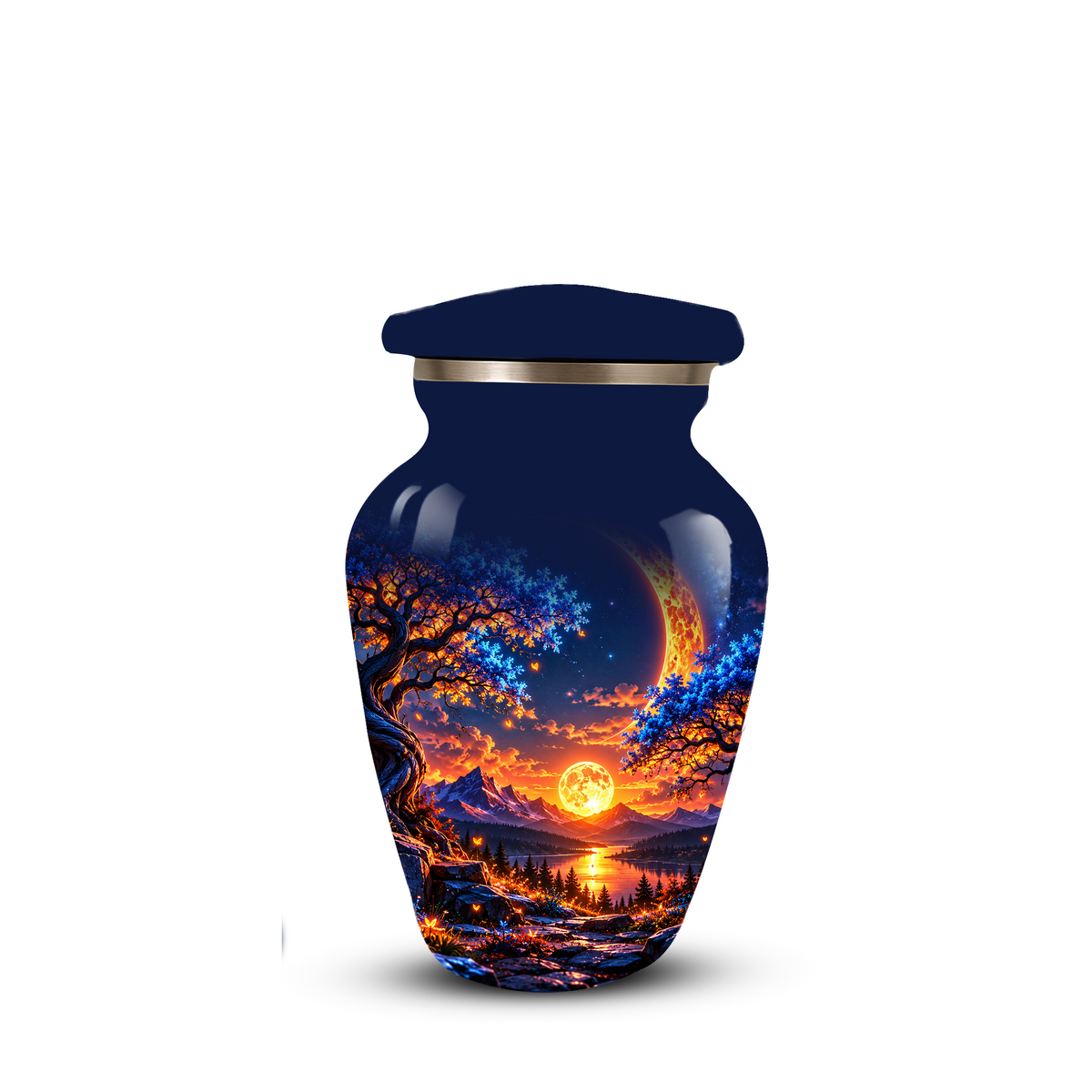 Celestial Moon Cremation Urn for Adult Ashes,  Glowing Crescent Moon, Sunset Mountains and Starry Lake Artwork