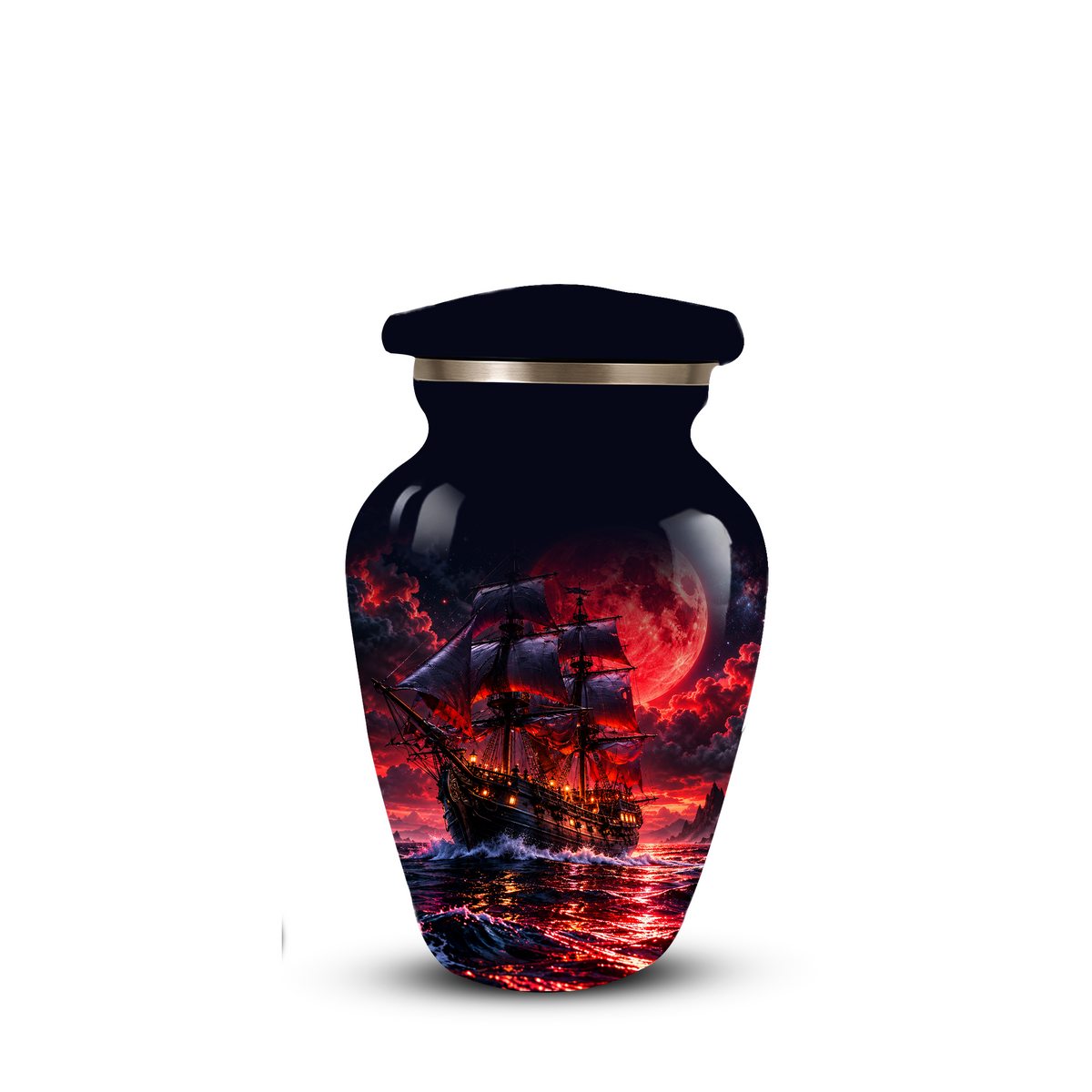 Personalized Adult Cremation Urn for Ashes, Custom Pirate Ship Red Moon Memorial Urn, Nautical Cremation Urn