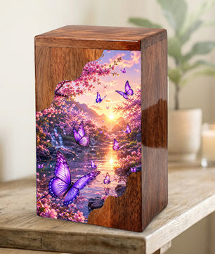 Purple Butterfly Wooden Cremation Urn – Floral Waterfall Memorial Urn for Human Ashes