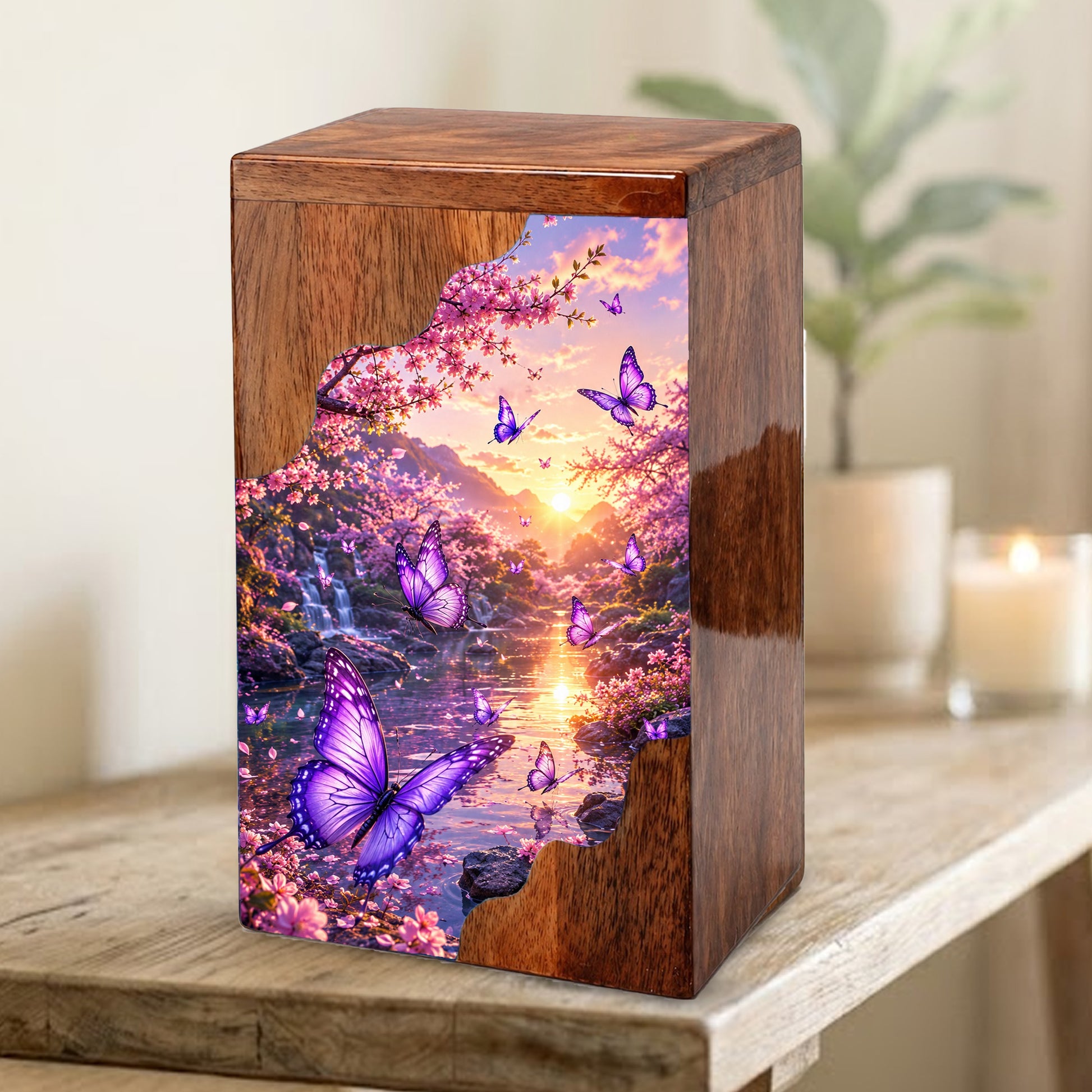 Purple Butterfly Wooden Cremation Urn – Floral Waterfall Memorial Urn for Human Ashes