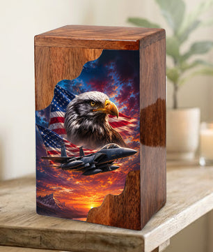 Military Eagle Wooden Cremation Urn for Human Ashes| American Flag Patriotic Funeral Urn