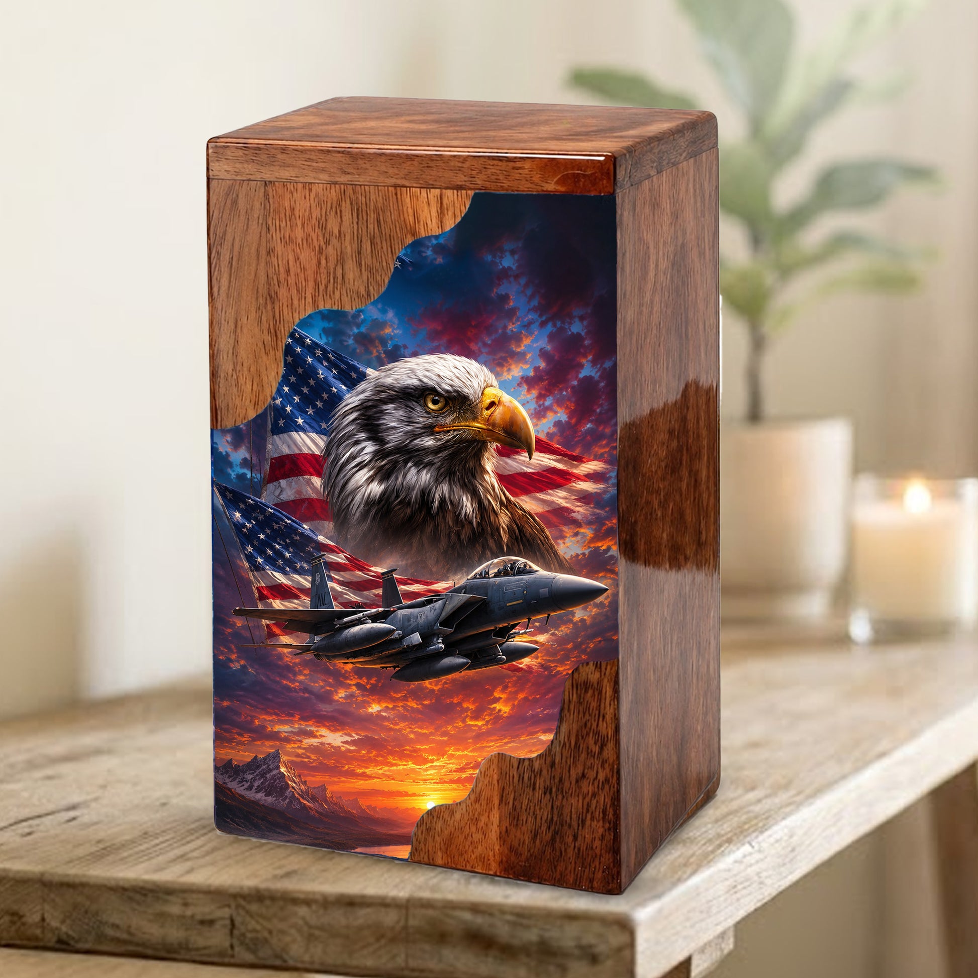 Military Eagle Wooden Cremation Urn for Human Ashes| American Flag Patriotic Funeral Urn