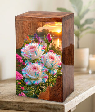 Floral Wooden Cremation Urn – Rose Memorial Urn for Human Ashes