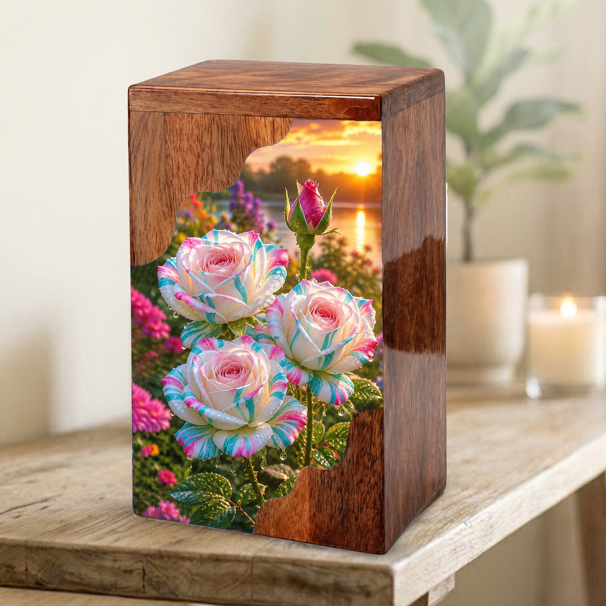 Floral Wooden Cremation Urn – Rose Memorial Urn for Human Ashes
