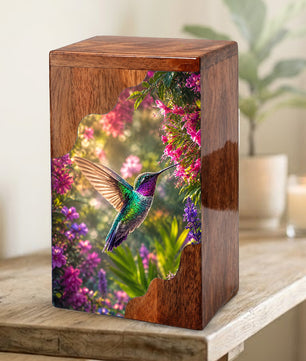 Green Hummingbird Wooden Cremation Urn – Floral Memorial Wooden Urn for Human Ashes