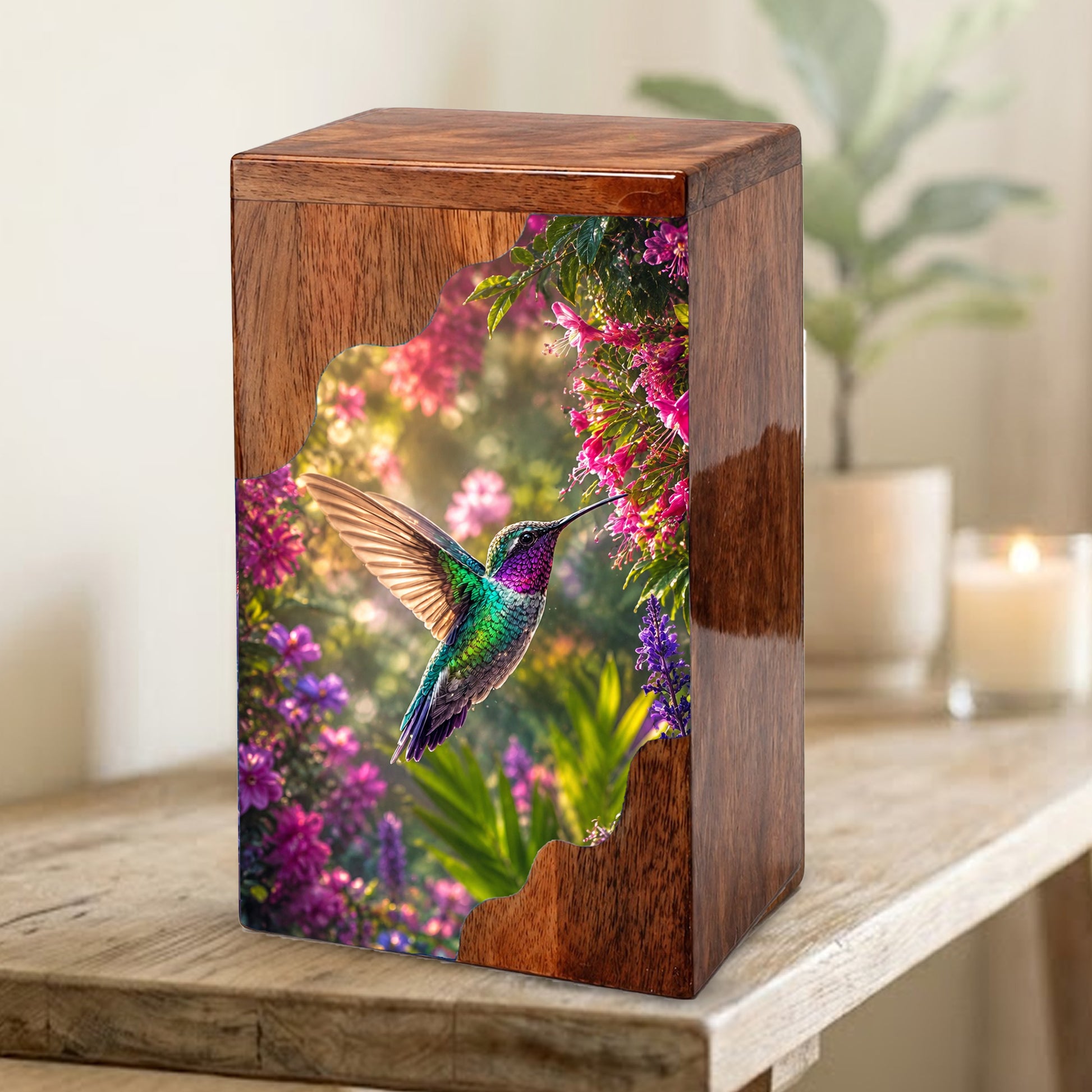 Green Hummingbird Wooden Cremation Urn – Floral Memorial Wooden Urn for Human Ashes