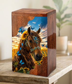 Horse Wooden Cremation Urn – Butterfly & Sunflower Memorial Urn for Ashes