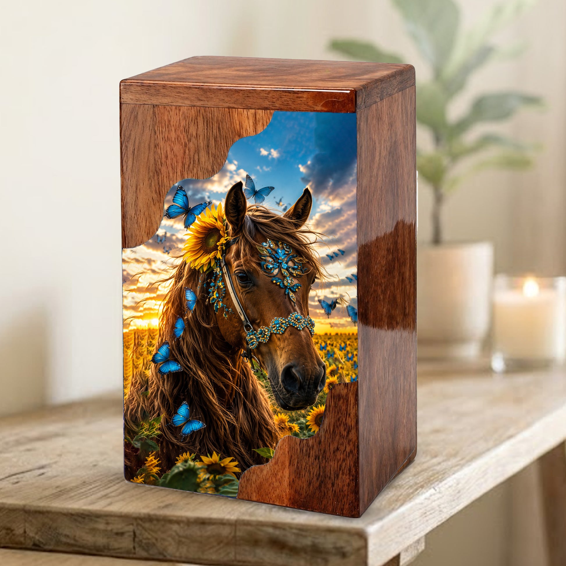Horse Wooden Cremation Urn – Butterfly & Sunflower Memorial Urn for Ashes
