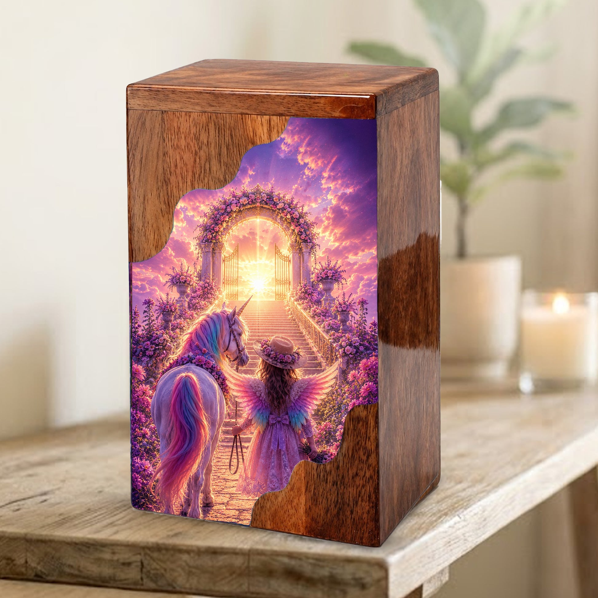 Angel Heaven Gate Wooden Cremation Urn – Heavenly Garden Memorial Wooden Urn for Human Ashes