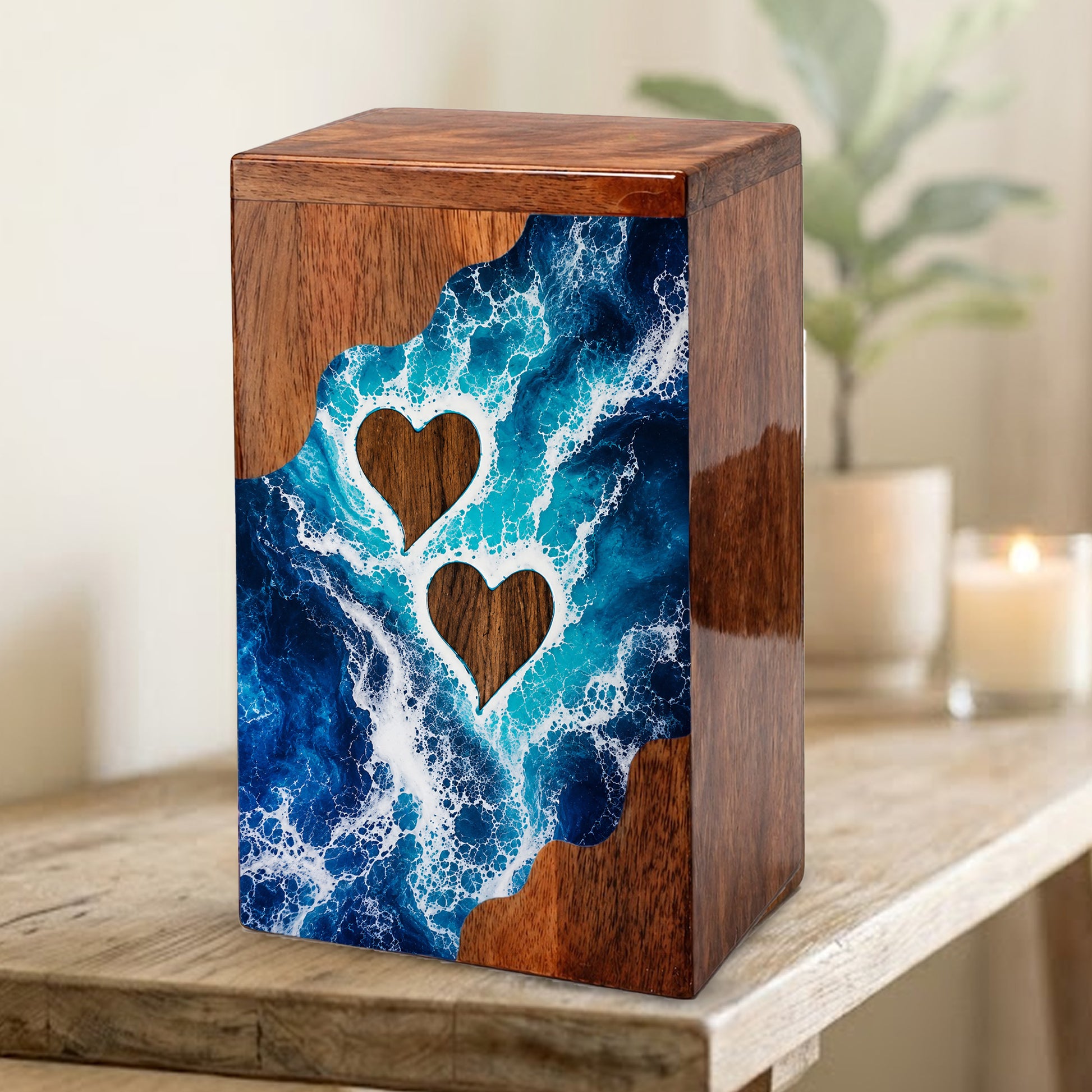 Ocean Heart Wooden Cremation Urn – Wooden Urn for Human Ashes