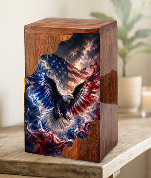American Eagle Wooden Cremation Urn | Patriotic Veteran Urn for Dad