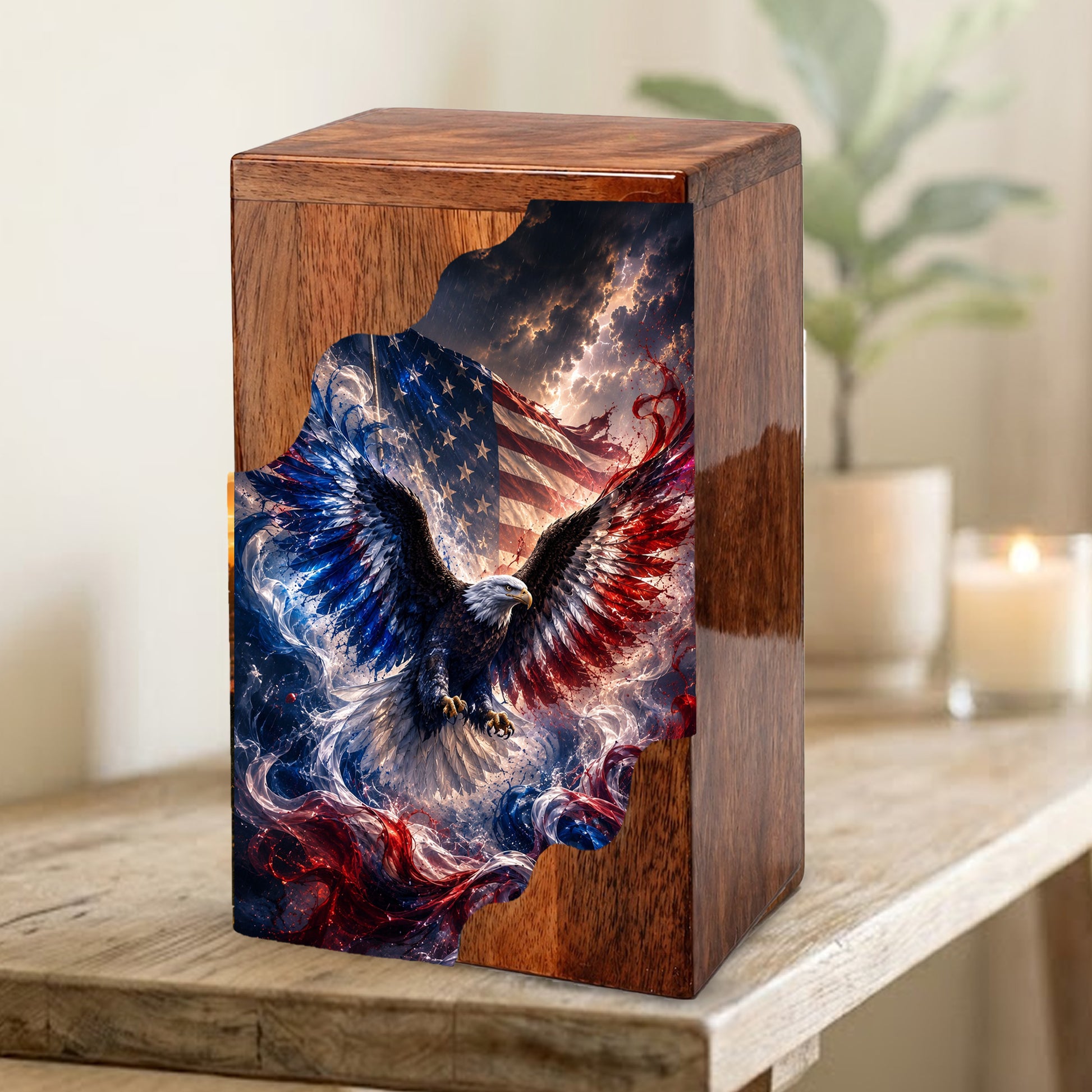 American Eagle Wooden Cremation Urn | Patriotic Veteran Urn for Dad