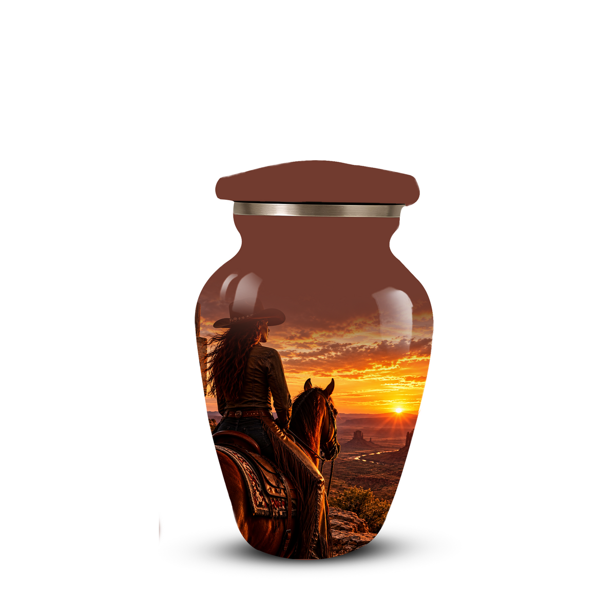 Personalized Adult Cremation Urn for Ashes, Custom Memorial Urn, Western Cowboy Horse Sunset Design