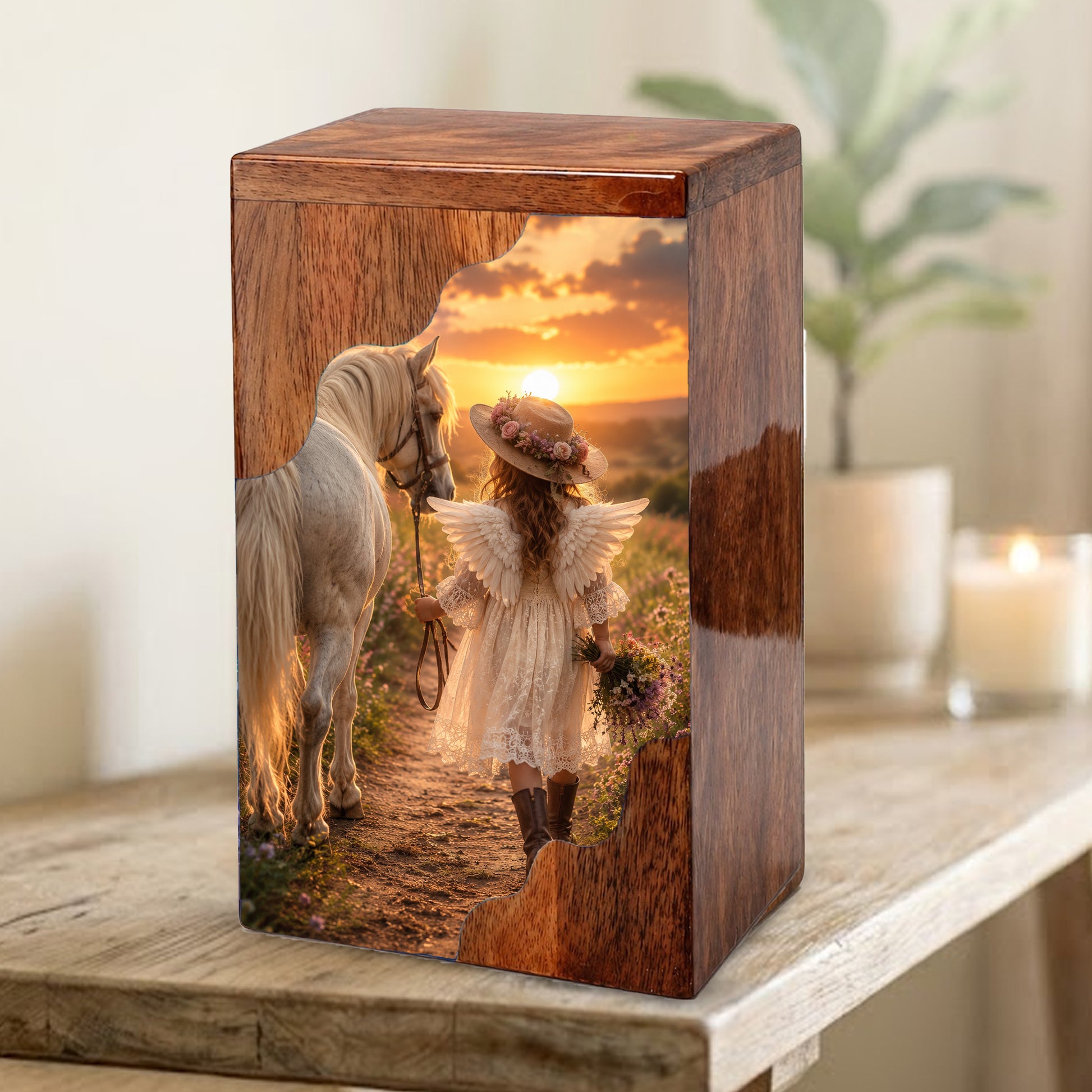 Angel Horse Wooden Cremation Urn – Memorial Urn for Human Ashes