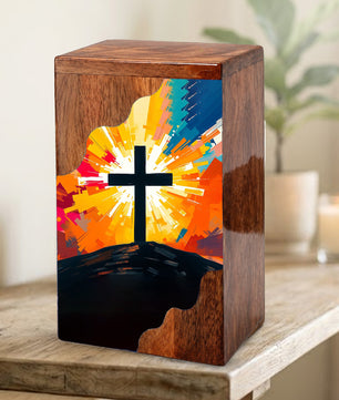 Wooden Cremation Urn – Radiant Cross Memorial Urn | Christian Wooden Urn for Ashes