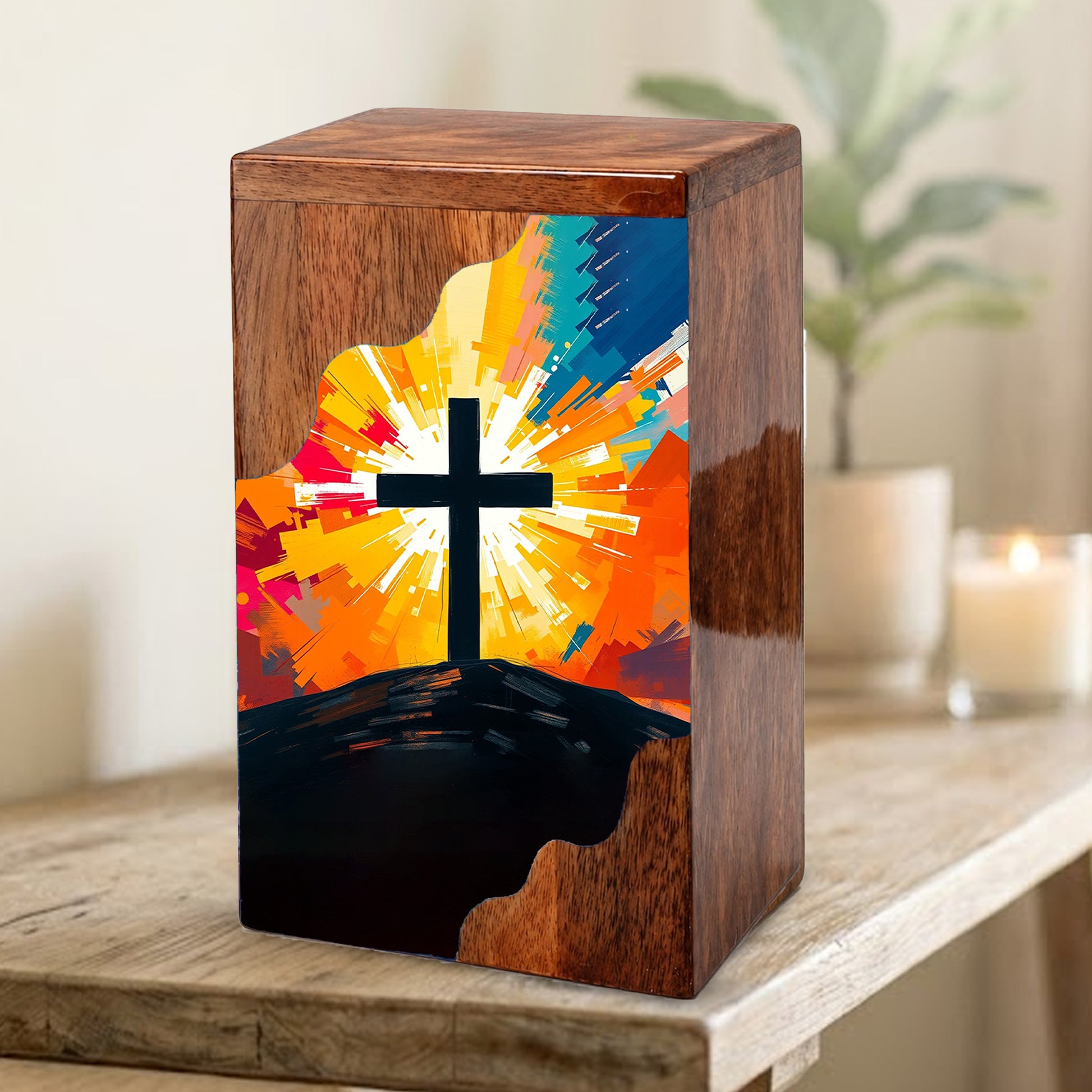 Wooden Cremation Urn – Radiant Cross Memorial Urn | Christian Wooden Urn for Ashes