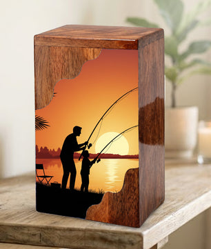 Sunset Fishing Wooden Cremation Urn – Gone Fishing Memorial Wooden Urn for Human Ashes