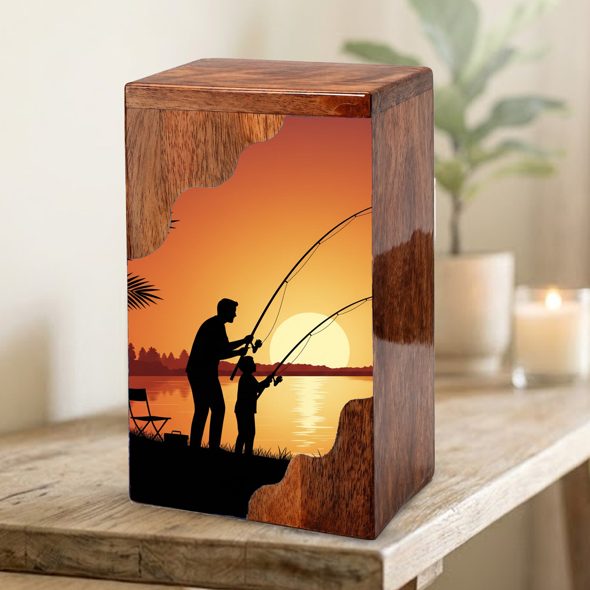 Sunset Fishing Wooden Cremation Urn – Gone Fishing Memorial Wooden Urn for Human Ashes