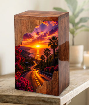 Wooden Cremation Urn for Mom | Sunset Ocean Memorial Urn for Human Ashes