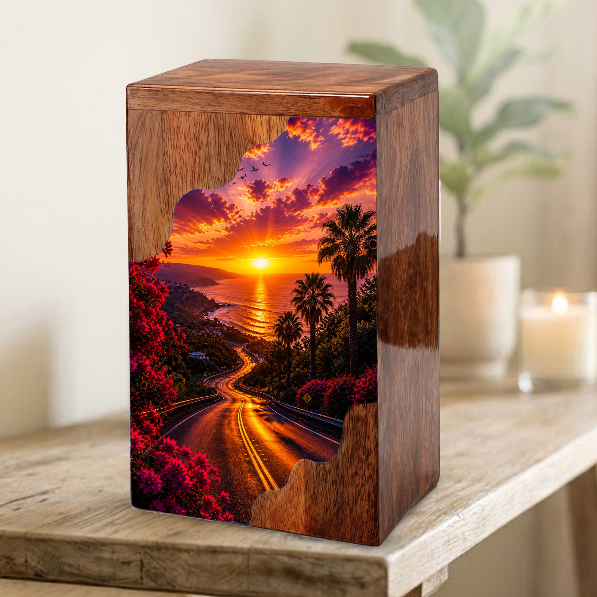 Wooden Cremation Urn for Mom | Sunset Ocean Memorial Urn for Human Ashes