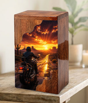 Motorcycle Wooden Cremation Urn – Sunset Ride Memorial Urn for Human Ashes