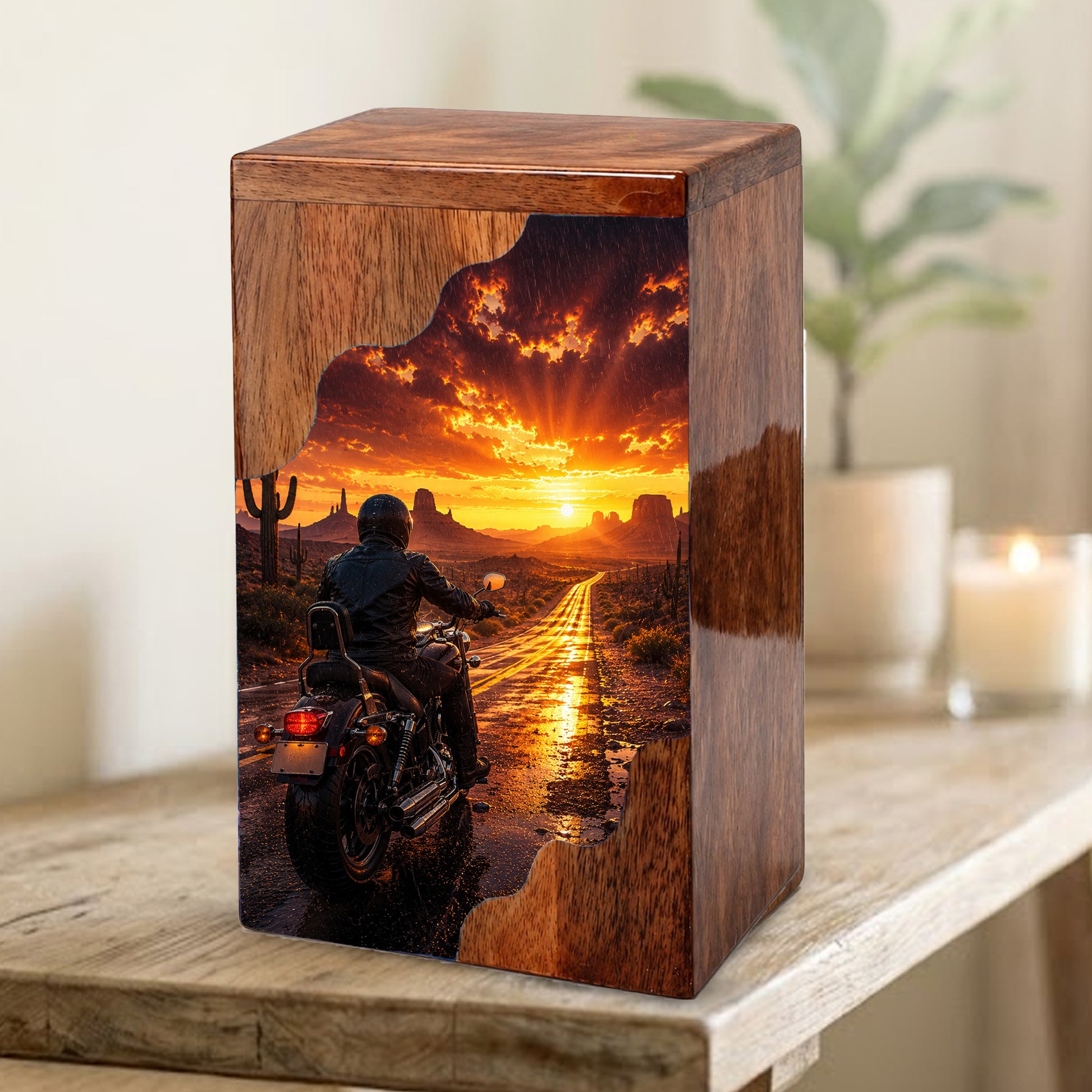 Motorcycle Wooden Cremation Urn – Sunset Ride Memorial Urn for Human Ashes