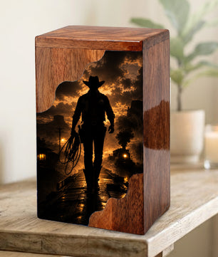 Western Cowboy Wooden Cremation Urn – Cowboy Memorial Urn for Human Ashes
