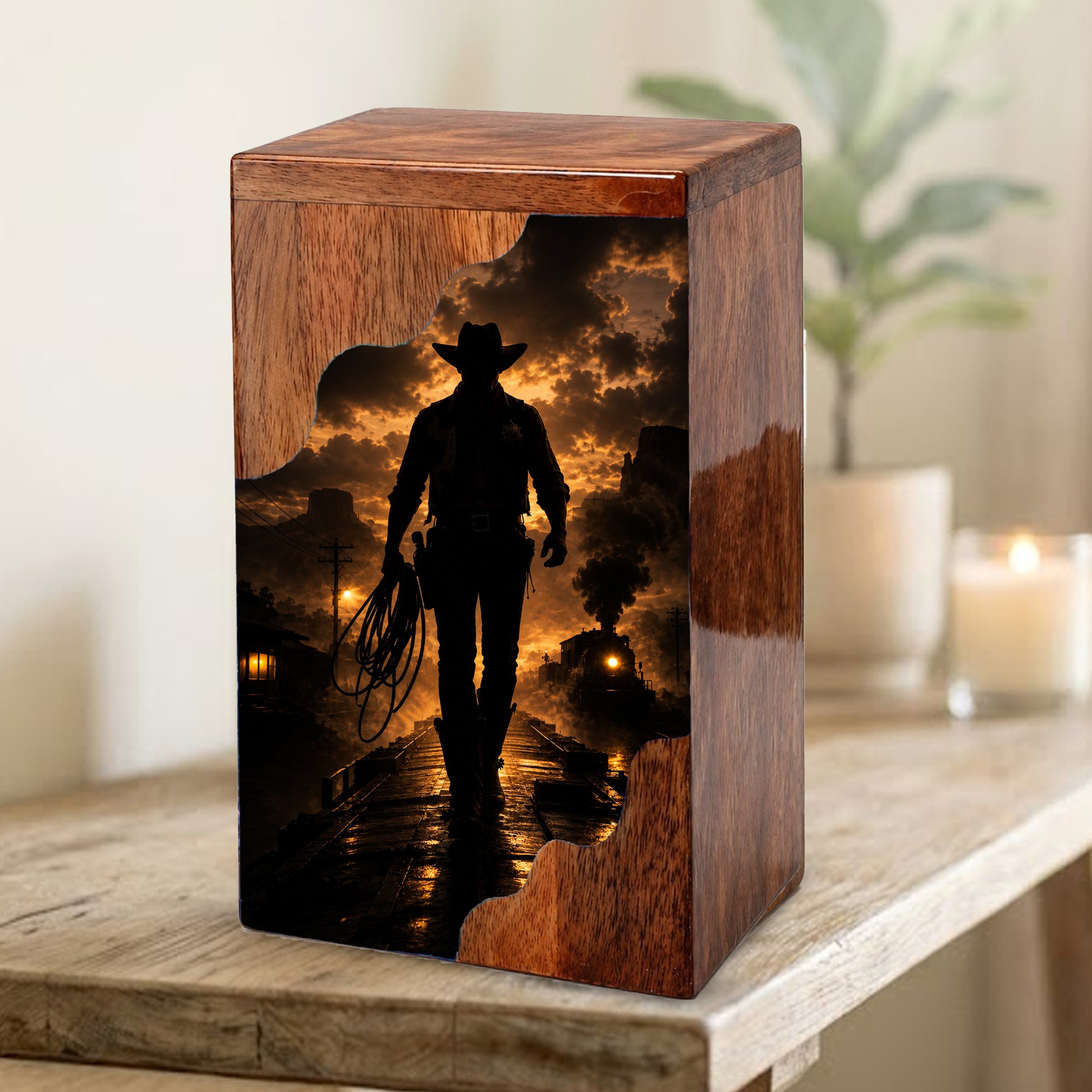 Western Cowboy Wooden Cremation Urn – Cowboy Memorial Urn for Human Ashes