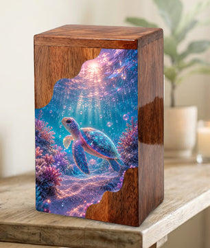Sea Turtle Underwater Wooden Cremation Urn – Personalized Memorial Urn for Human Ashes