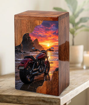 Motorcycle Beach Sunset Cremation Urn – Wooden Urn for Human Ashes