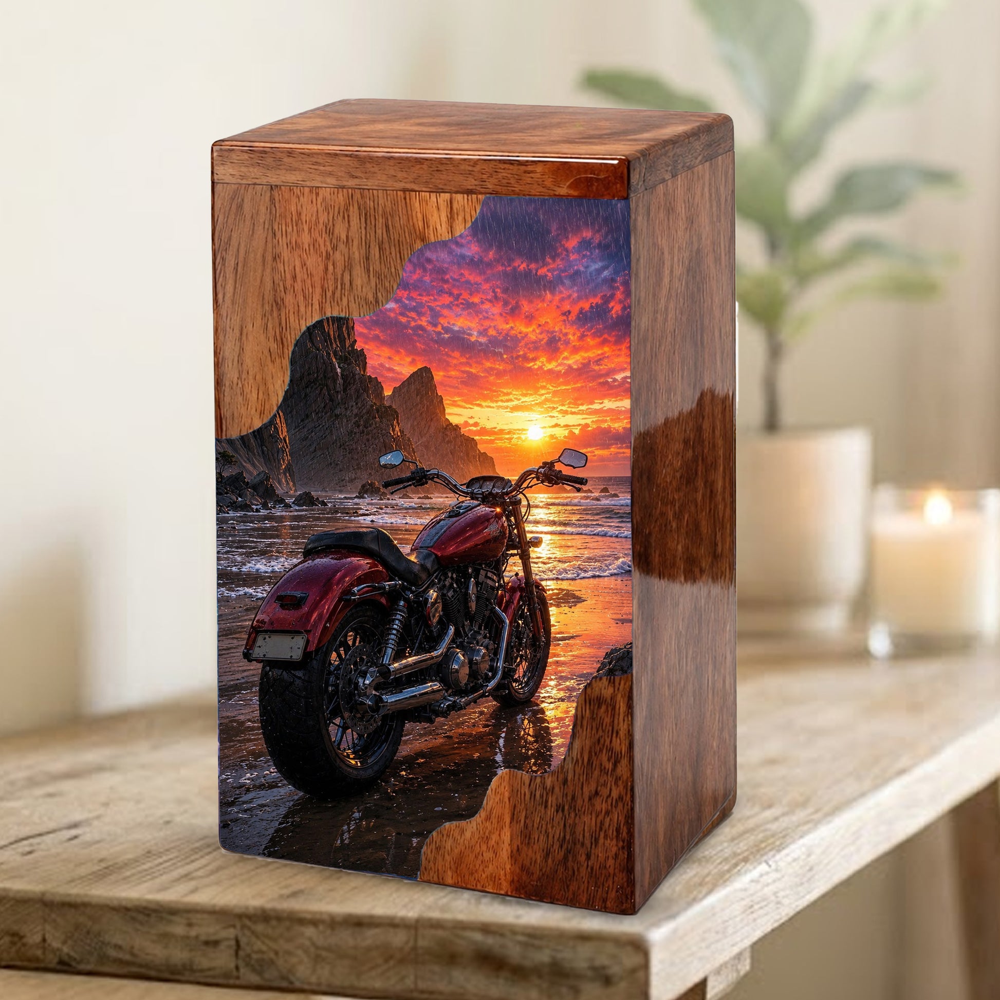 Motorcycle Beach Sunset Cremation Urn – Wooden Urn for Human Ashes