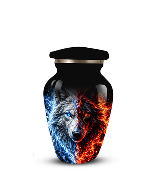 Personalized Adult Cremation Urn for Ashes, Custom Wolf Memorial Urn, Blue and Fire Red Dual Wolf Artwork