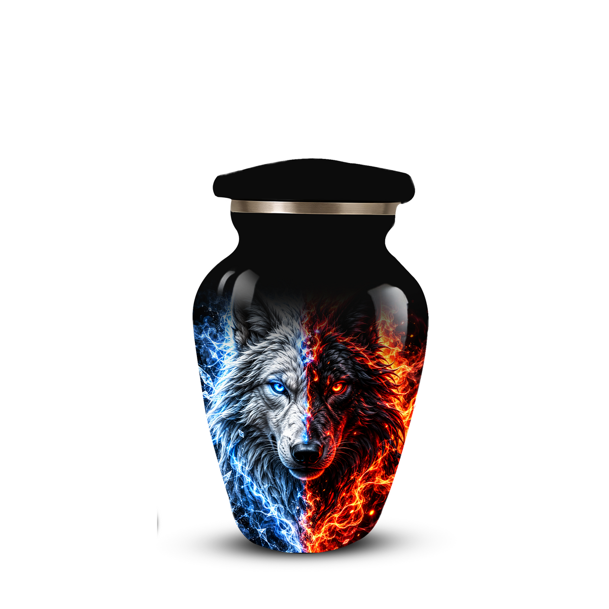 Personalized Adult Cremation Urn for Ashes, Custom Wolf Memorial Urn, Blue and Fire Red Dual Wolf Artwork