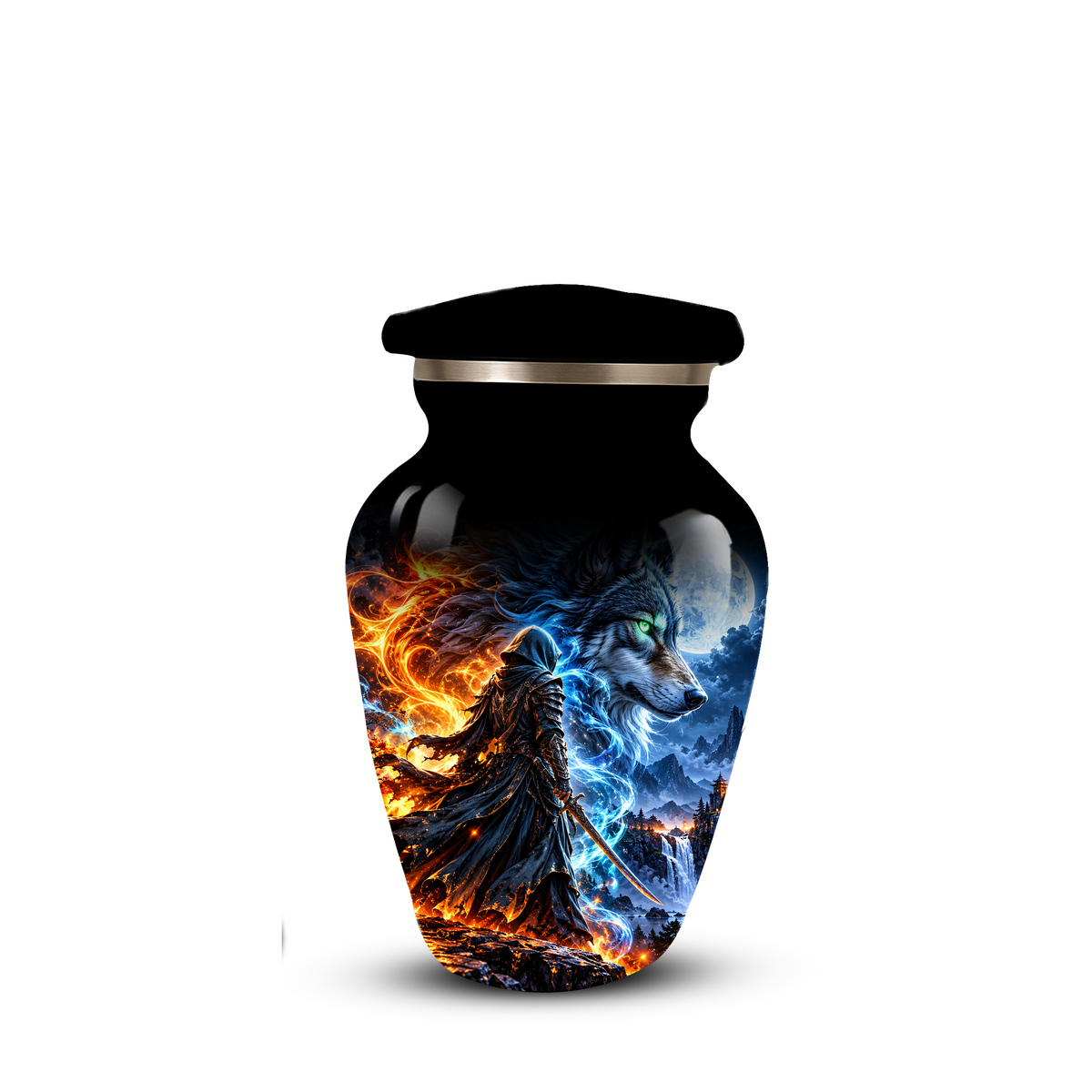 Personalized Adult Cremation Urn for Ashes, Fire and Ice Wolf Warrior Memorial Urn, Custom Aluminum Urn