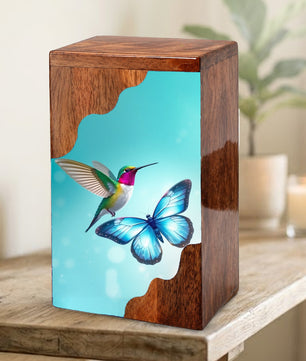 Hummingbird & Blue Butterfly Wooden Cremation Urn – Symbolic Memorial Wooden Urn for Human Ashes