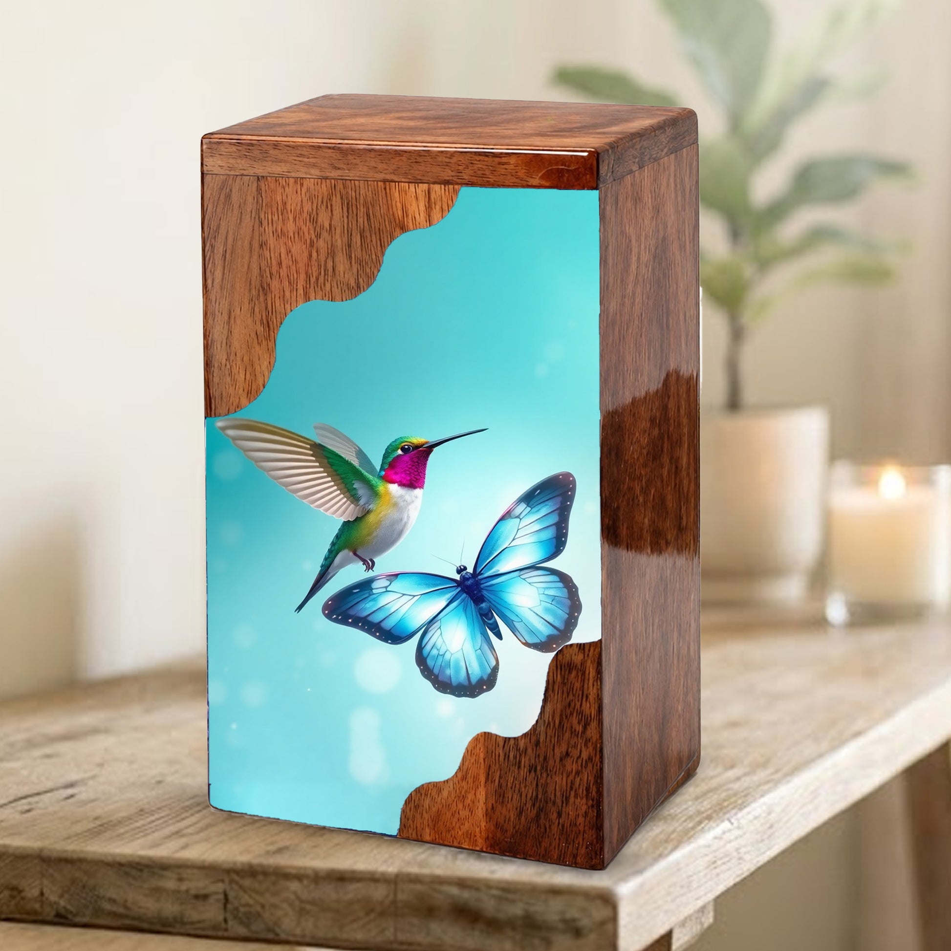 Hummingbird & Blue Butterfly Wooden Cremation Urn – Symbolic Memorial Wooden Urn for Human Ashes