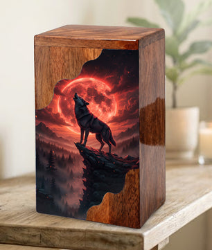 Wooden Cremation Urn – Red Moon Wolf Memorial Urn | Custom Wooden Memorial Urn for Dad