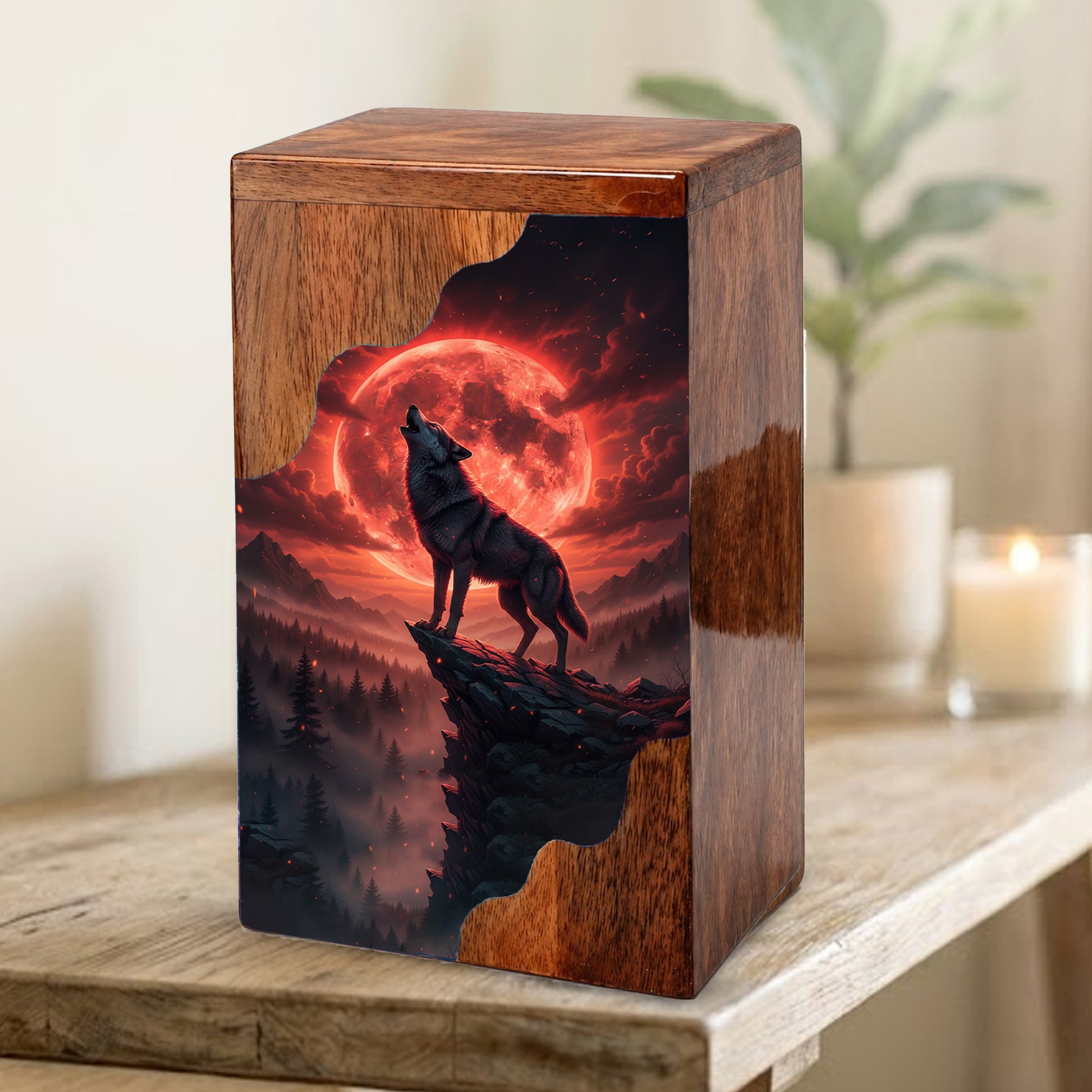 Wooden Cremation Urn – Red Moon Wolf Memorial Urn | Custom Wooden Memorial Urn for Dad