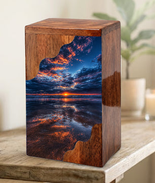 Beach Wooden Cremation Urn for Human Ashes | Ocean Sunset Memorial Urn
