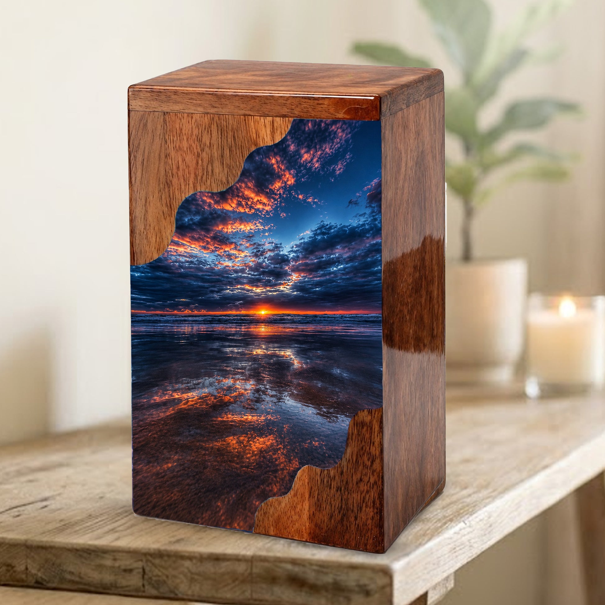 Beach Wooden Cremation Urn for Human Ashes | Ocean Sunset Memorial Urn
