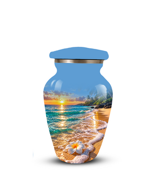 Tropical Beach Sunset Memorial Urn, Plumeria Flower Urn for Human Ashes