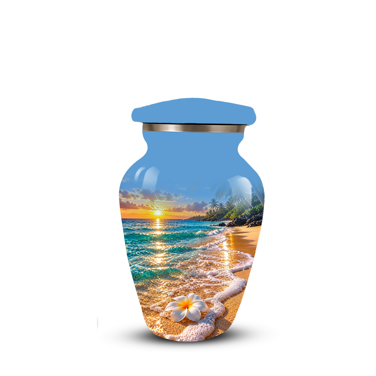 Tropical Beach Sunset Memorial Urn, Plumeria Flower Urn for Human Ashes